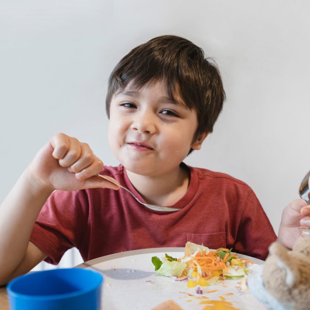 Healthy kid eating mixed vegetables salad for his meal, Happy child looking at camera with smiling face while having lunch or dinner, Cute boy eating organic carrot, sweet bell and Chinese cabbage